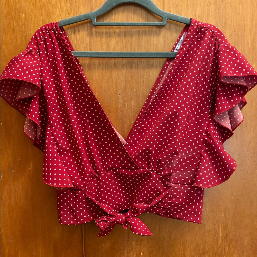 Deep V Crossover Red Polka Dot Low Back Crop Top Ruffle Sleeves